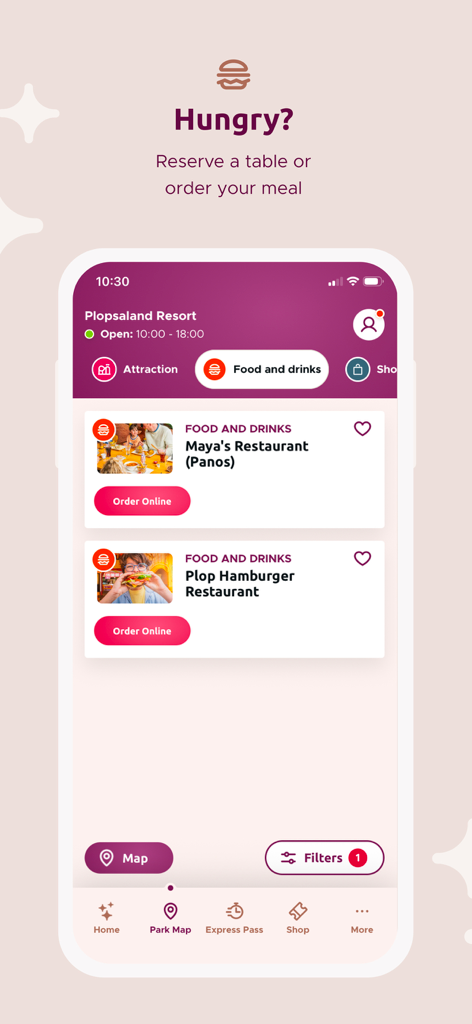 Plopsaland Resort Belgium - The Plopsaland Resort app interface showing food and drink options for online ordering.