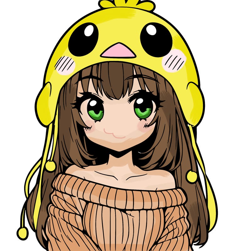 anime girl with chick shaped hat with sweater with bare shoulders with bangs covering them one eye with low tail