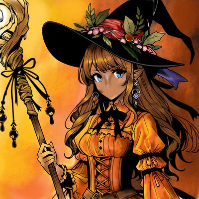 a realistic fantasy manga witch with a staff