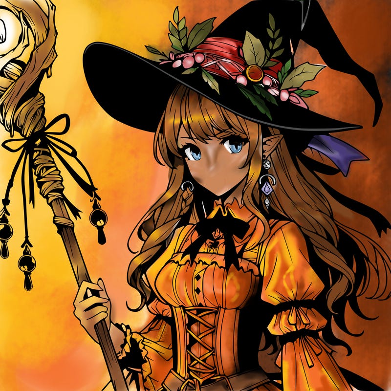 a realistic fantasy manga witch with a staff