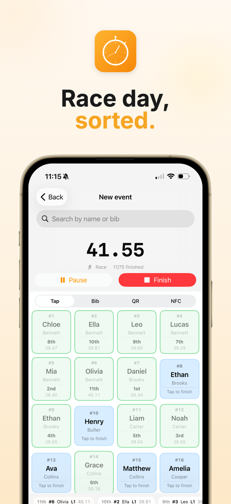 Run Lap Tap mobile app interface showing real-time race timing and a grid of student names for coaches and PE teachers