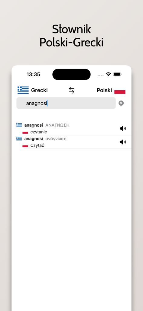 Słownik Grecki-Polski - Greek-Polish dictionary app screen with word translation and audio pronunciation.