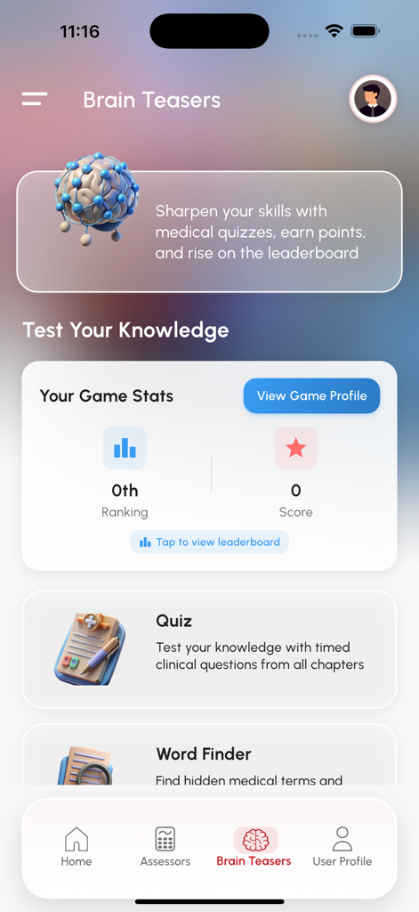 AkomaCare - AkomaCare app interface showing brain teasers and medical quizzes for healthcare professionals