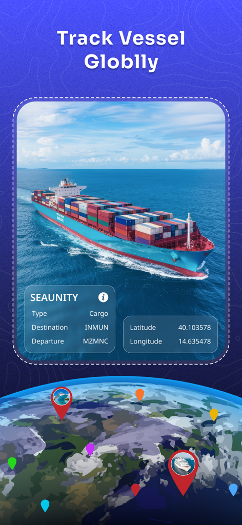 Interface of the Ship Traffic app showing real time cargo ship tracking data and a global map with vessel markers