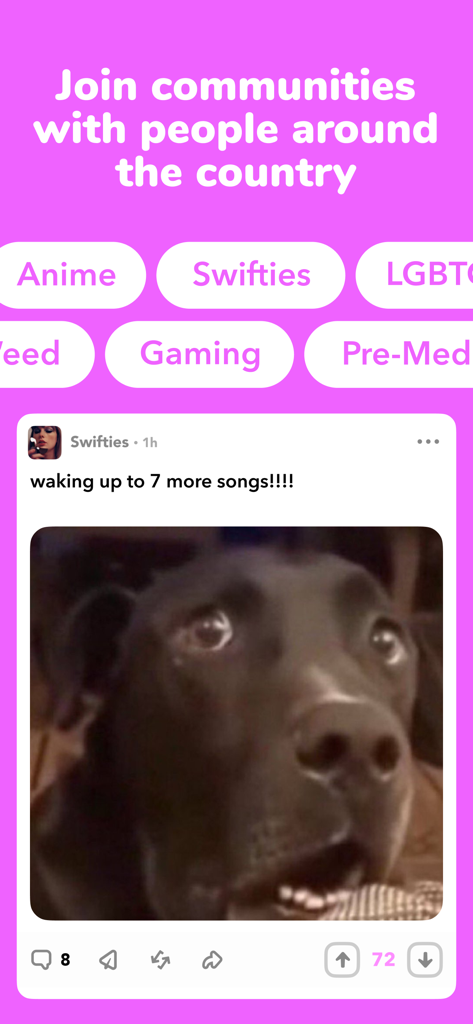 Sidechat ｡･ﾟﾟ･ - Sidechat app screen showing interest communities and a Swifties meme post