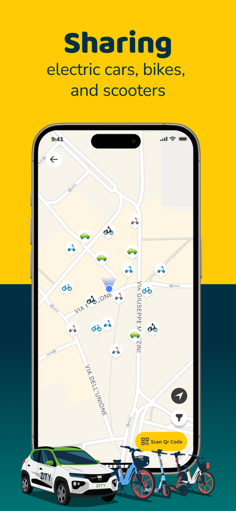 Application Wetaxi montrant des voitures électriques, des vélos et des trottinettes partagés sur un plan de la ville.