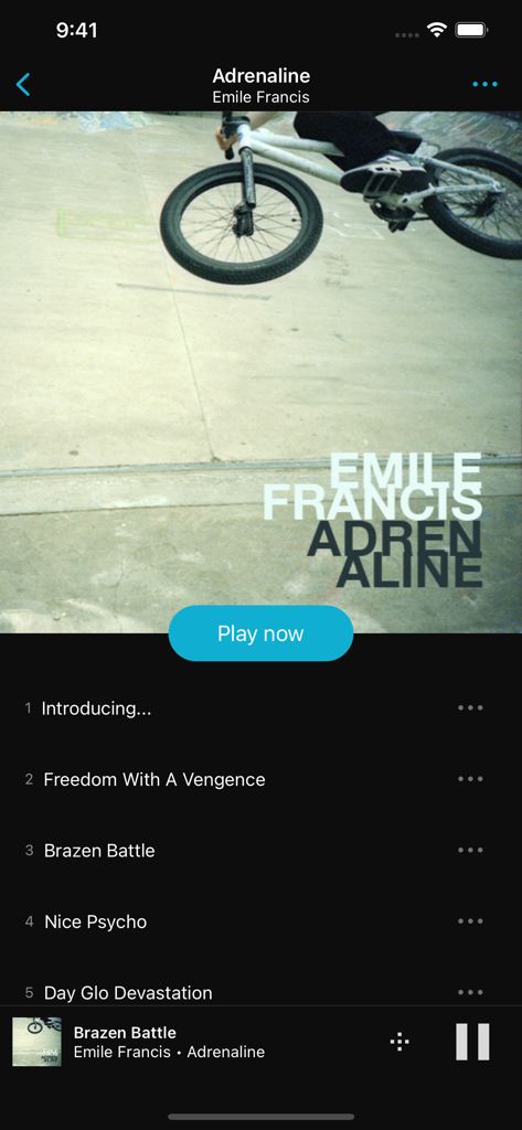 MusicLife - MusicLife app interface showing the tracklist for the album Adrenaline by Emile Francis.