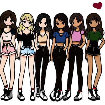 a group of girls wearing crop tops and shorts