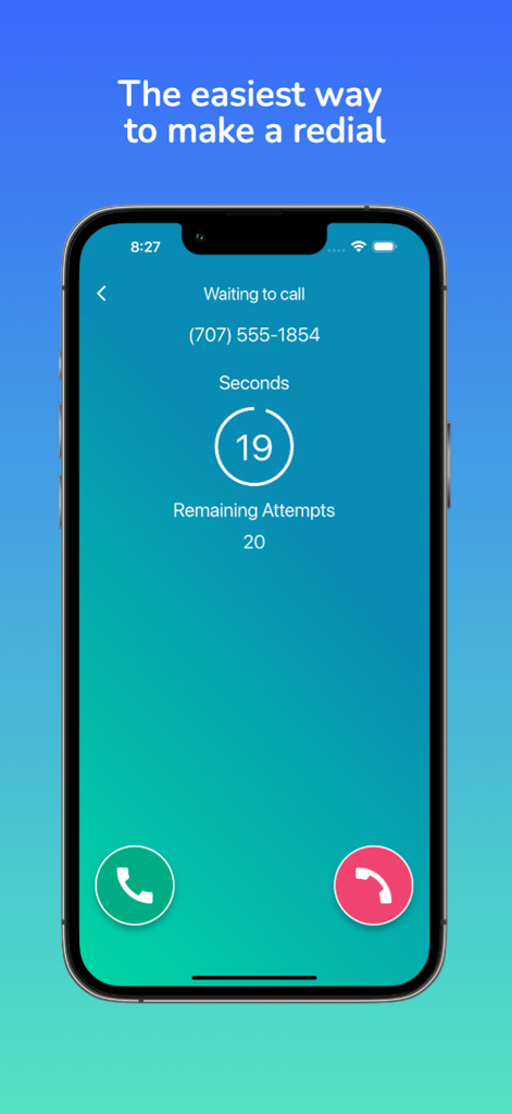 Auto Redial App - Smartphone screen showing the Auto Redial App waiting 19 seconds before the next call attempt with 20 retries remaining.