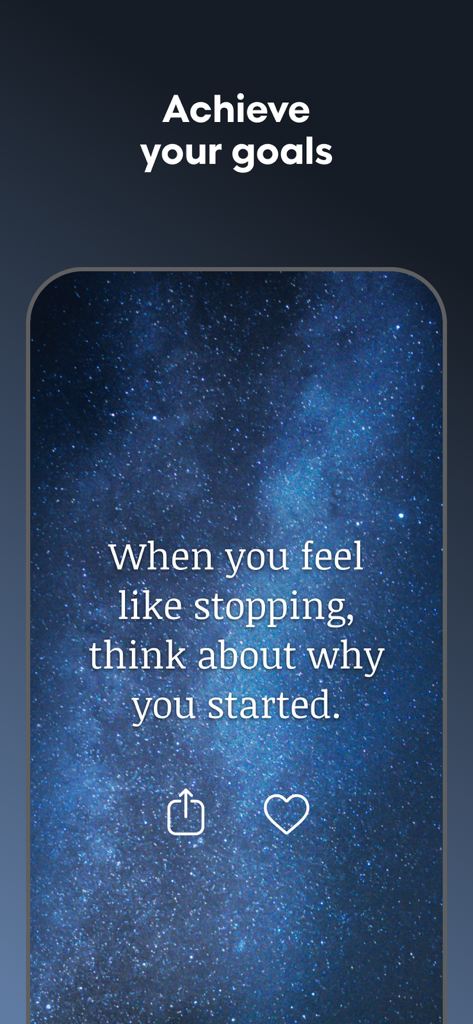 星空の背景に「やめたいと思ったとき、なぜ始めたのかを思い出す」というインスピレーション名言。