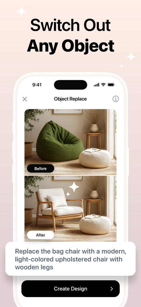 Interium - AI Home Design - A before and after comparison showing the Interium app replacing a green bean bag chair with a modern armchair