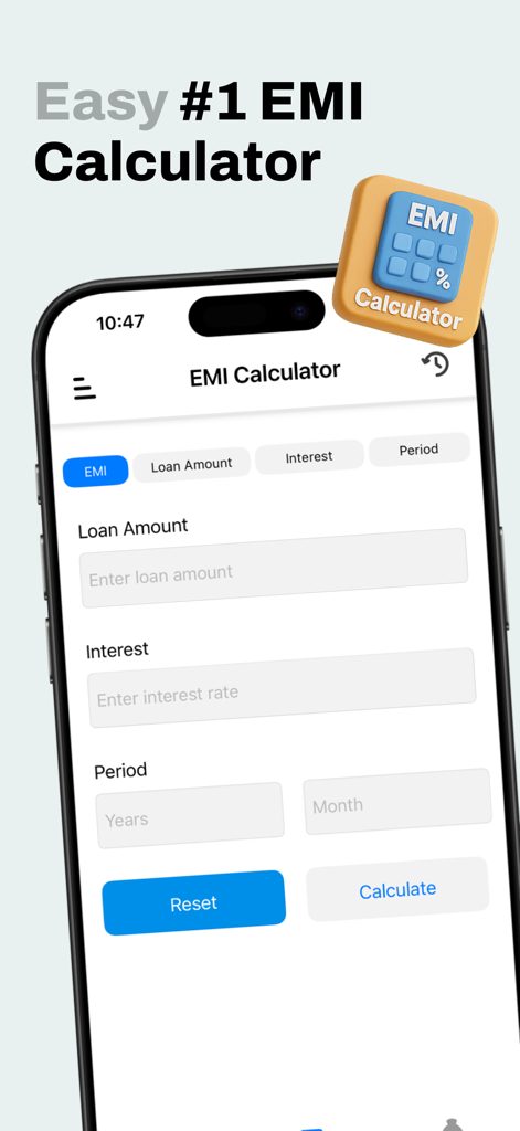 Pantalla de la aplicación móvil de calculadora EMI con campos de entrada para monto del préstamo, tasa de interés y período