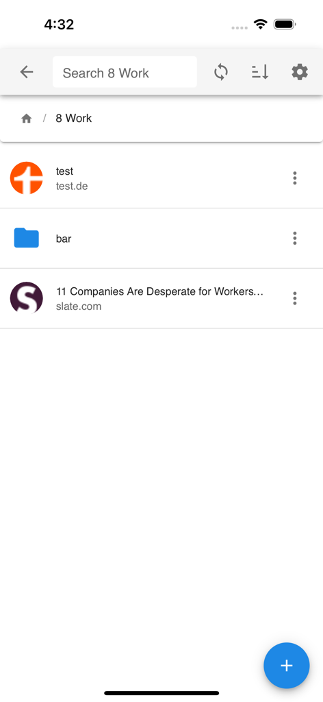 floccus - Aplicación móvil Floccus Companion mostrando una lista de marcadores y carpetas sincronizados