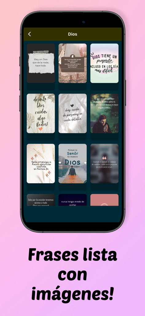 Biblia Con Letra Gigante - Pantalla de la aplicación con una cuadrícula de imágenes y frases religiosas inspiradoras listas para compartir