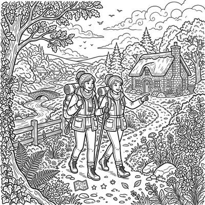 Join two adventurous spirits as they explore a charming cottagecore landscape filled with rustic beauty. This delightful coloring page captures the essence of shared journeys and the tranquility of nature.