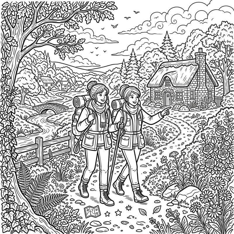 Join two adventurous spirits as they explore a charming cottagecore landscape filled with rustic beauty. This delightful coloring page captures the essence of shared journeys and the tranquility of nature.