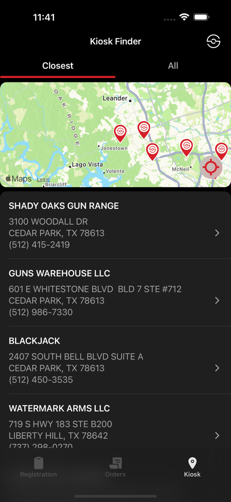 Il localizzatore di chioschi dell'app Silencer Shop mostra una mappa e un elenco di rivenditori di poligoni di tiro locali.