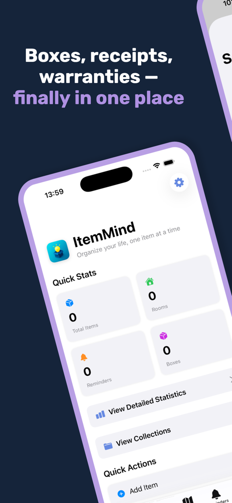 ItemMind – Home Inventory - ItemMind mobile app dashboard showing quick statistics for tracking items rooms reminders and boxes