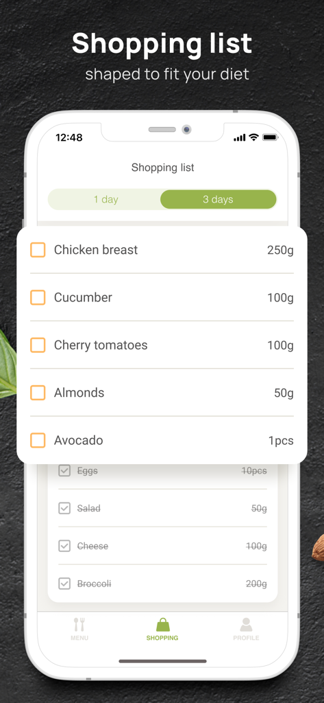 PEP: Keto - Diet plan tracker - Pantalla de la aplicación móvil que muestra una lista de compras keto con cantidades de ingredientes y casillas de verificación