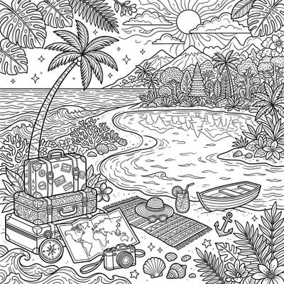 Dreaming of an escape? This intricate coloring page invites you to a serene lagoon beach, brimming with vacation essentials and tropical beauty. Get ready to unwind and add vibrant hues to your travel dreams.
