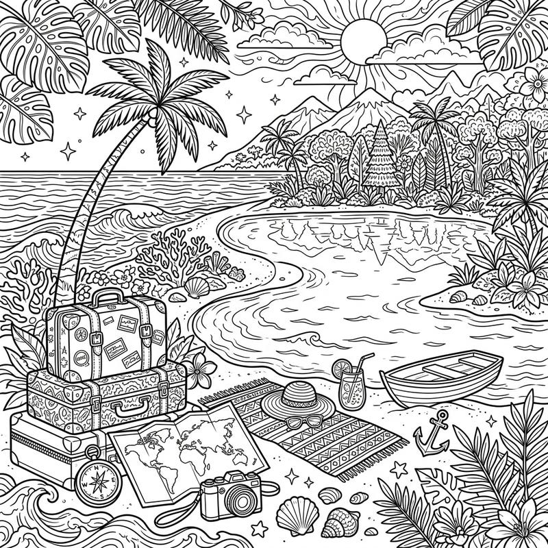 Dreaming of an escape? This intricate coloring page invites you to a serene lagoon beach, brimming with vacation essentials and tropical beauty. Get ready to unwind and add vibrant hues to your travel dreams.