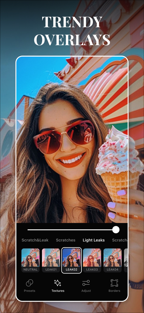Edith: Presets for Lightroom - A user applying trendy light leak overlays to a photo in the Edith app