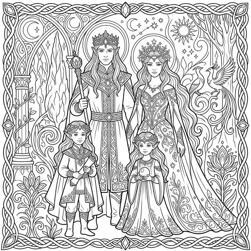 Step into a world of fantasy with this stunning Elven Royalty adult coloring page, designed for advanced colorists. Featuring a majestic elf family and intricate details, it promises hours of creative relaxation and artistic fulfillment.