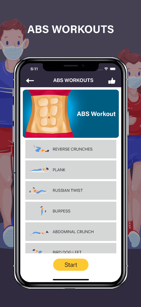 Abs Workout Fit Body Exercises - Interfaz de aplicación móvil que muestra una lista de ejercicios de core para una rutina de entrenamiento de abdominales