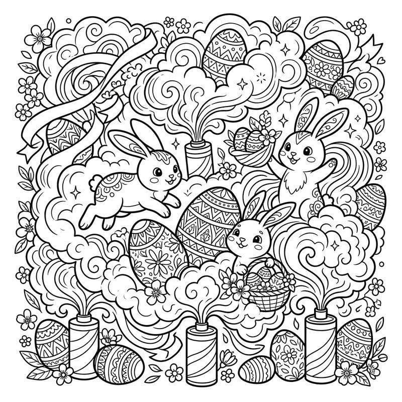 Dive into a vibrant Easter scene where cheerful bunnies frolic among decorated eggs and whimsical smoke bombs create swirling patterns. This delightful coloring page promises hours of creative fun for all ages, blending traditional holiday joy with a playful twist.