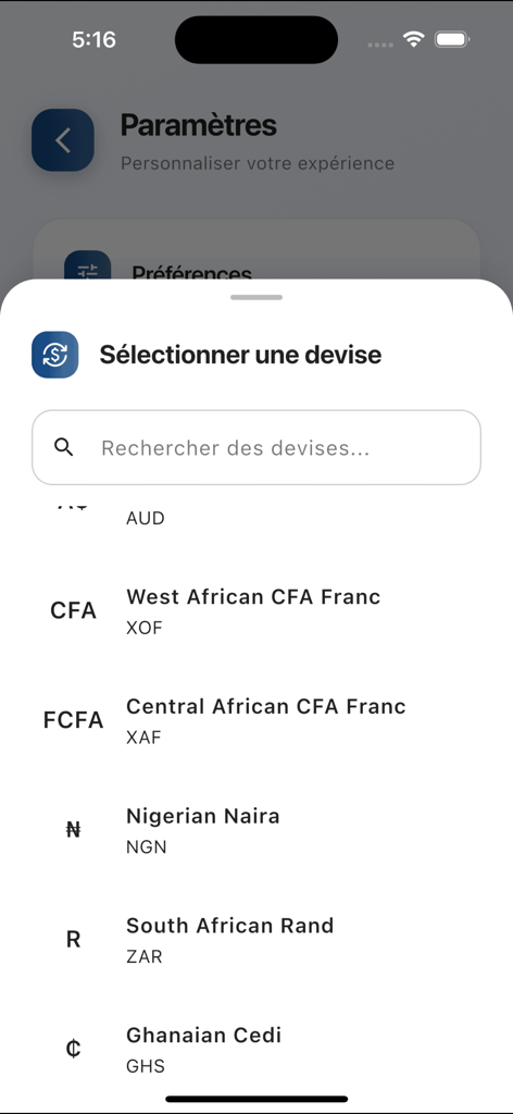 AppartMart - Currency selection interface in the AppartMart app showing options for CFA Franc Naira and Rand