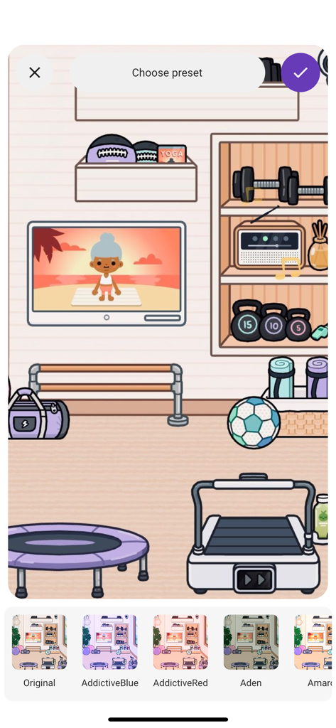 Aesthetic Toka - Outfit Ideas - Toca Boca gym room design with filter presets and fitness equipment