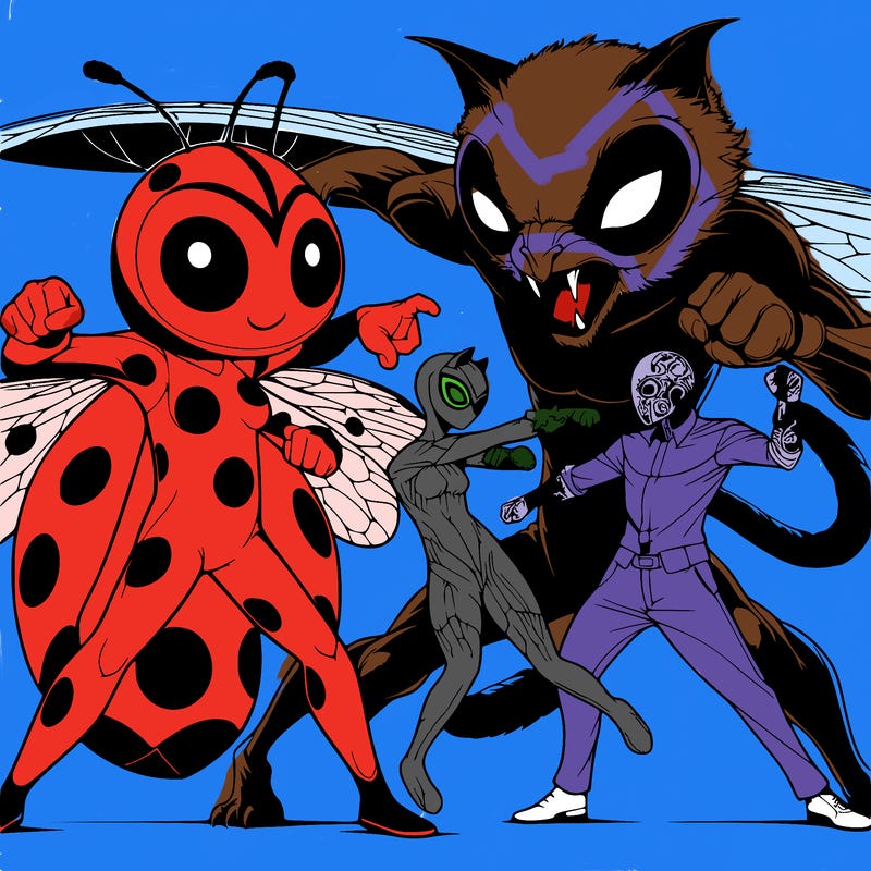 superheroes named ladybug and cat noir are fighting a villain named hawk moth