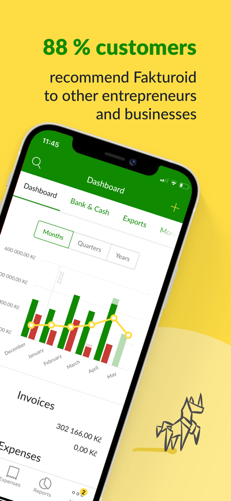 Fakturoid - invoices made easy - Fakturoid mobile app dashboard displaying financial analytics charts and revenue reports for entrepreneurs.