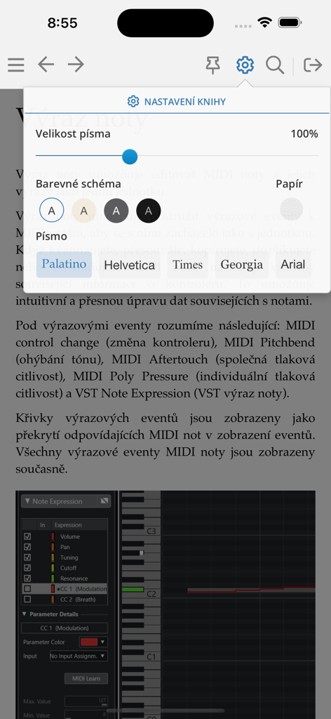 Publi - Publi app reading settings menu showing options for font size color schemes and font styles