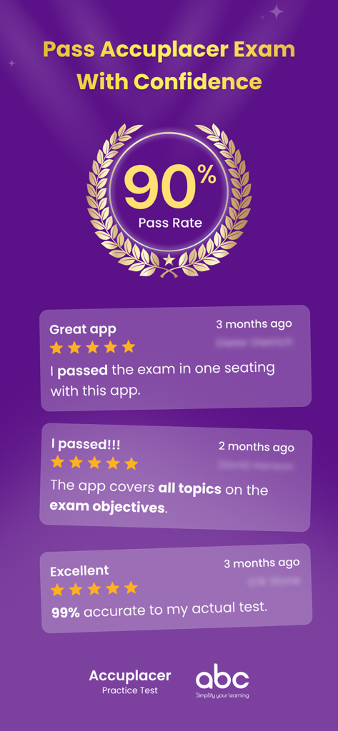 Accuplacer Exam Training 2026 - Accuplacer 시험 90% 합격률과 훈련 앱에 대한 긍정적인 학생 리뷰를 보여주는 스크린샷.