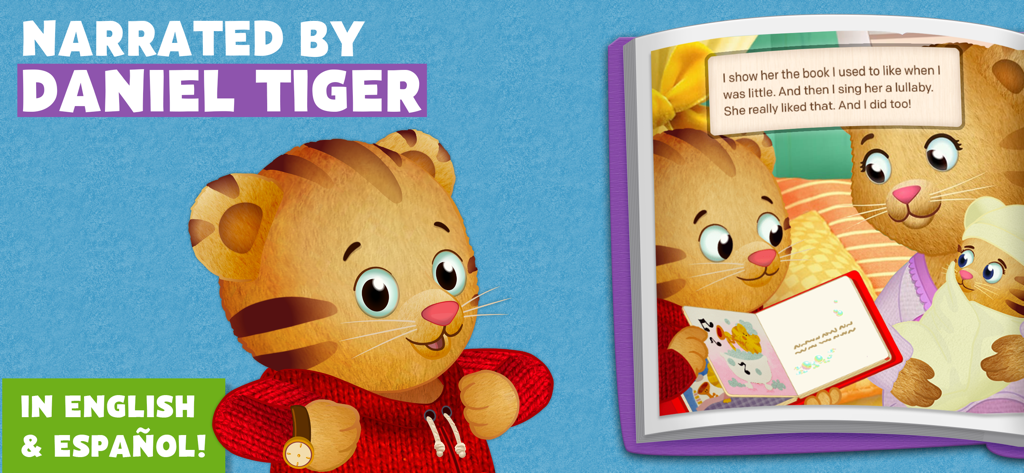 Daniel Tiger narrating a bilingual storybook in English and Spanish