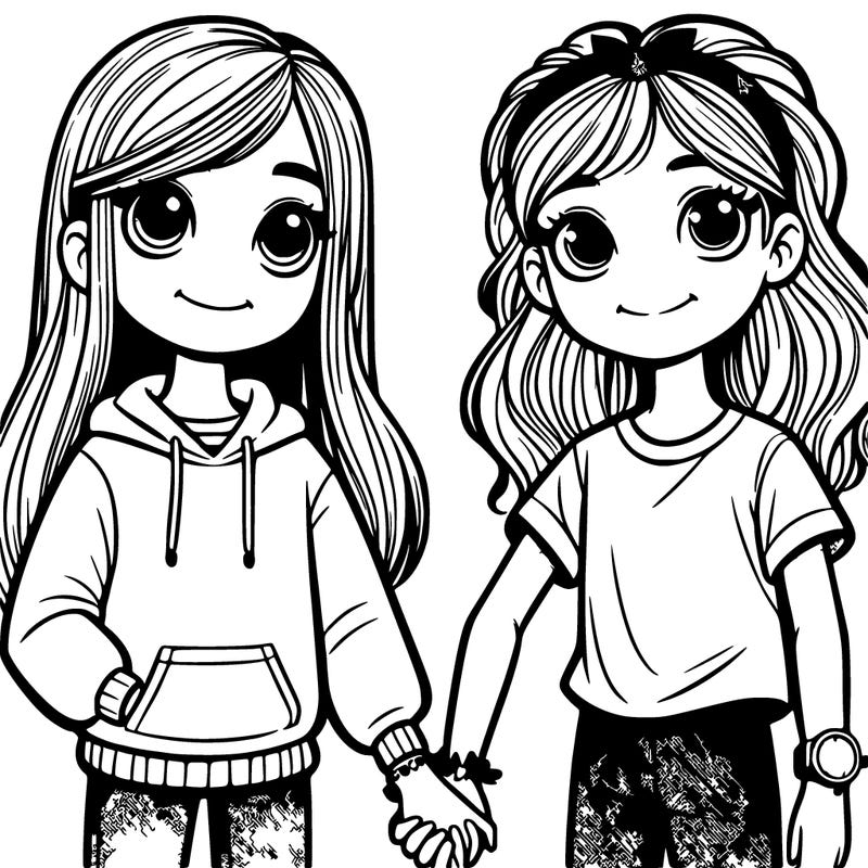 two 9 year old girls next to each other holding hands. one girl has long hair, a little skinny,  with big eyes, wearing a sweatshirt, and a watch on her right wrist. the other girl with medium long hair, freckles, a headband, and wearing a t-shirt