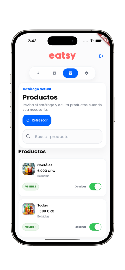 Oberfläche der Eatsy Orders mobilen App, die den Produktkatalog und die Sichtbarkeitseinstellungen für ein Restaurantmenü zeigt.