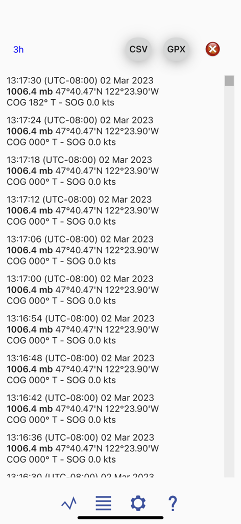 Registro detalhado de pressão barométrica e dados de navegação GPS no aplicativo Barógrafo Marítimo