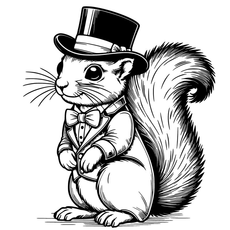 realistic squirrel wearing fancy suit and top hat