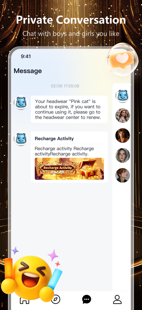 Roka Live - Roka Live app private messaging screen showing a chat interface with system notifications and user profile icons