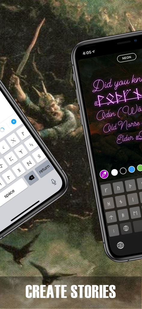Two iPhones displaying the Rune Keyboard extension with Norse Elder Futhark symbols and neon pink text for social media stories.