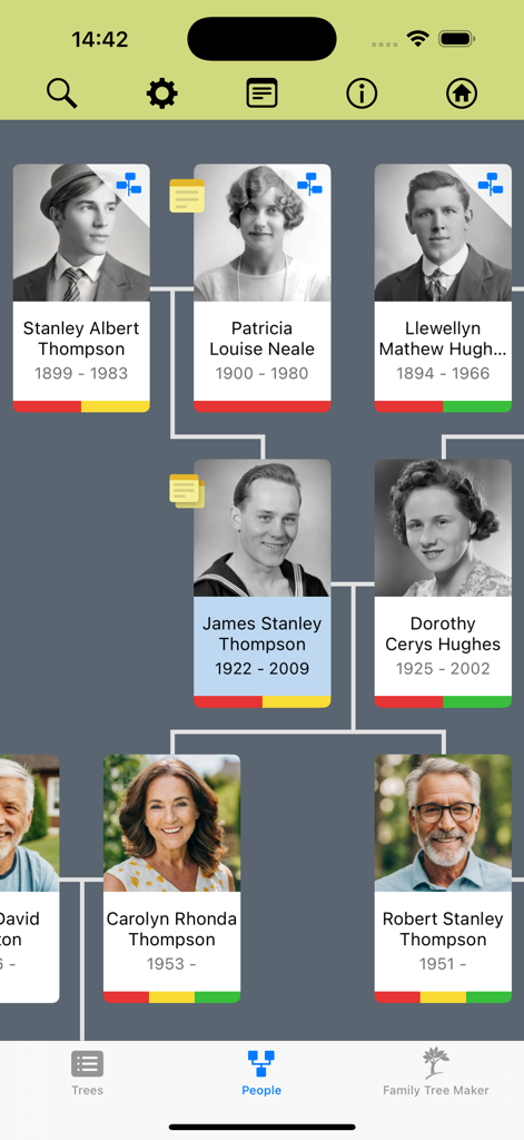 Family tree hourglass chart displaying ancestor portraits and sticky notes in the FTM Connect app