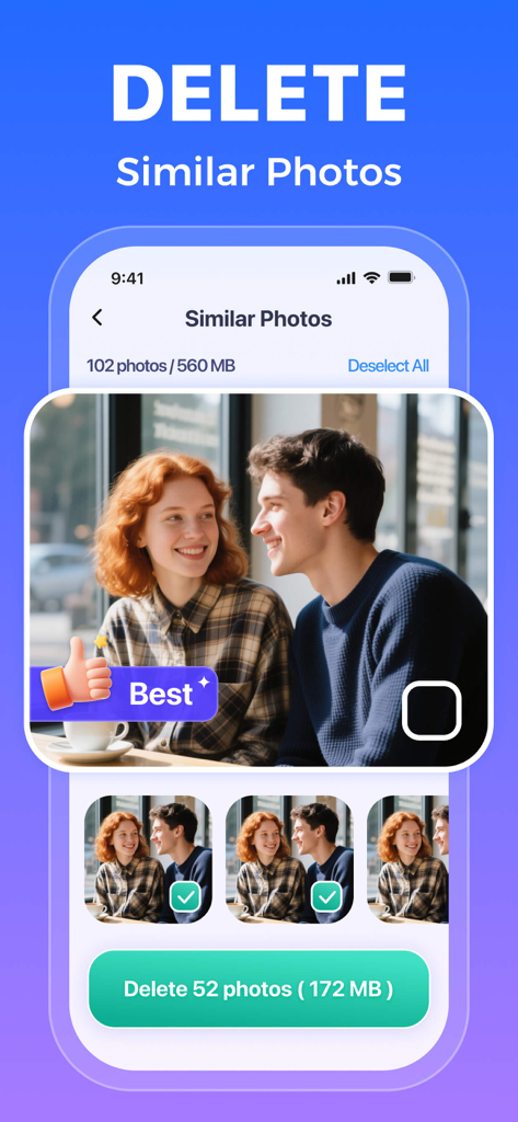 AI Clean 앱 인터페이스에서 유사한 사진을 스마트하게 식별하고 삭제하여 iPhone 저장 공간을 확보하는 기능을 보여줍니다.
