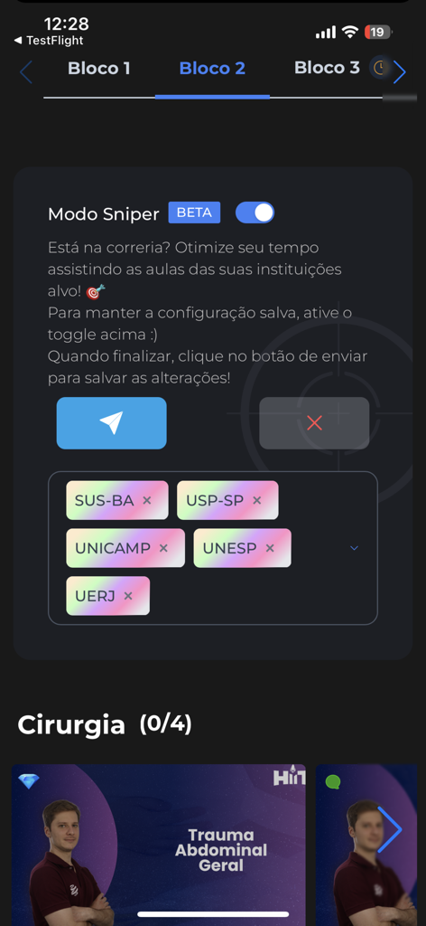 MedCof Aulas - MedCof Aulas app screen showing Sniper Mode for selecting medical residency institutions like USP and UNICAMP.