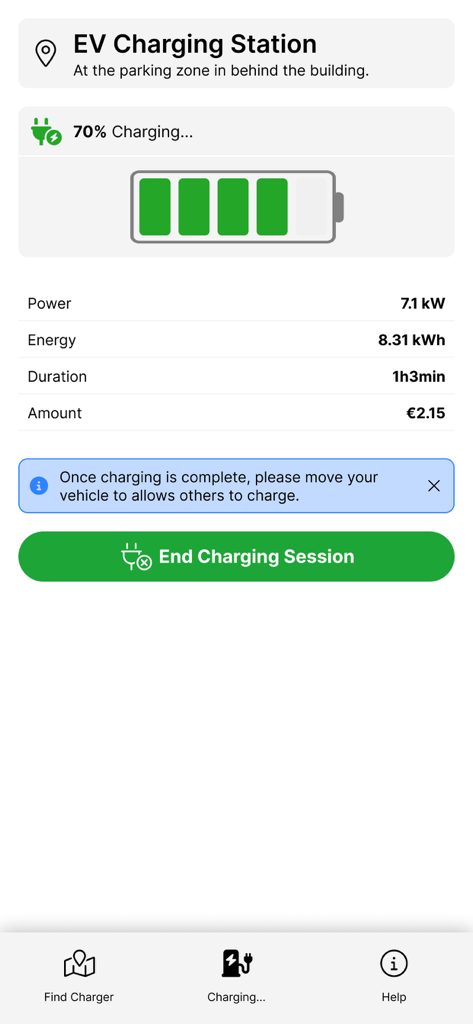 Interface da app Eleport mostrando uma sessão de carregamento de VEs ativa com nível de bateria e custo