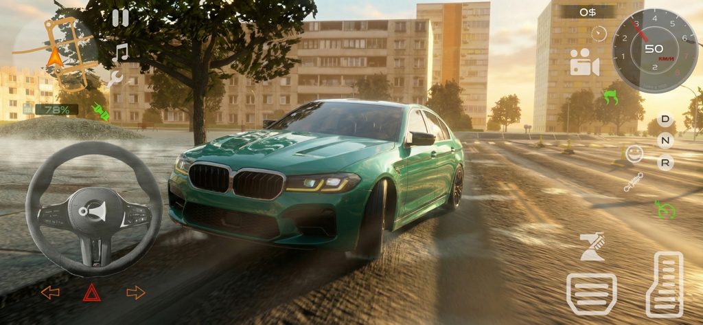 A green sports car driving through a city at sunset in Real Car Driving Games 2026 3D