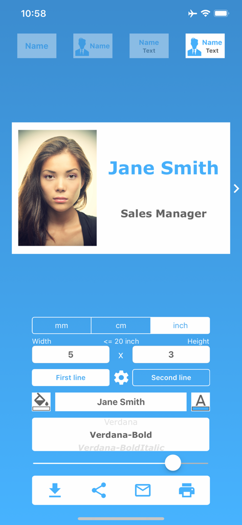 Interface of Name Badge app for creating a custom identification card with photo and imperial measurements