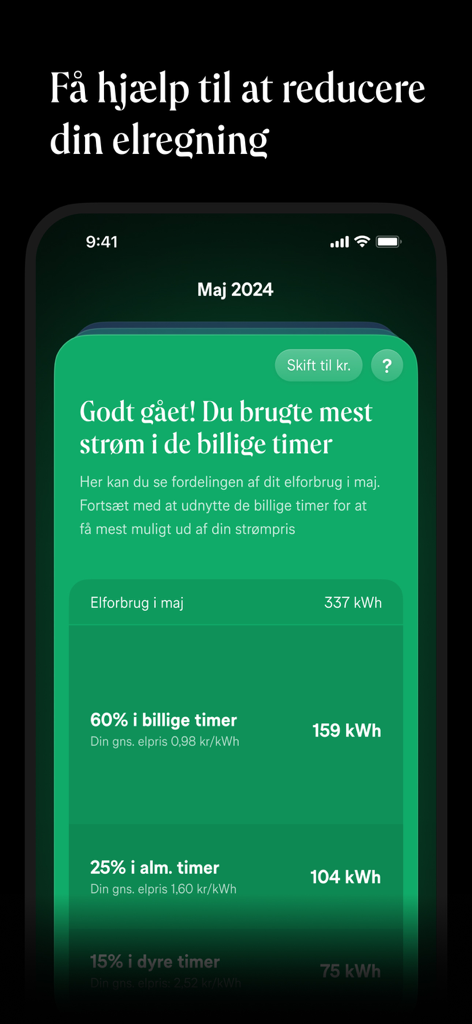 Norlys - Elforbrug og skærmtid - Mobile app screen showing a monthly electricity consumption report with a breakdown of usage during cheap normal and expensive hours