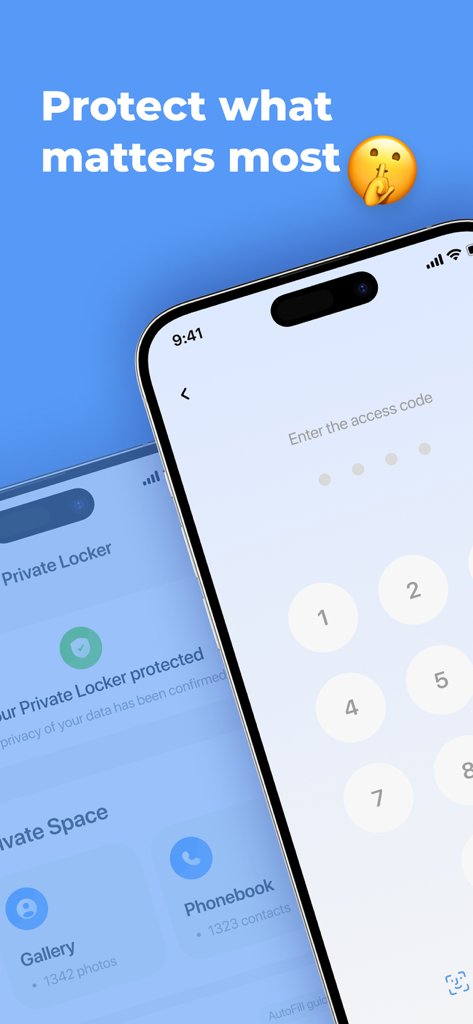 Recurso de cofre privado no aplicativo Phone Cleaner mostrando uma tela de bloqueio de senha para fotos e contatos seguros